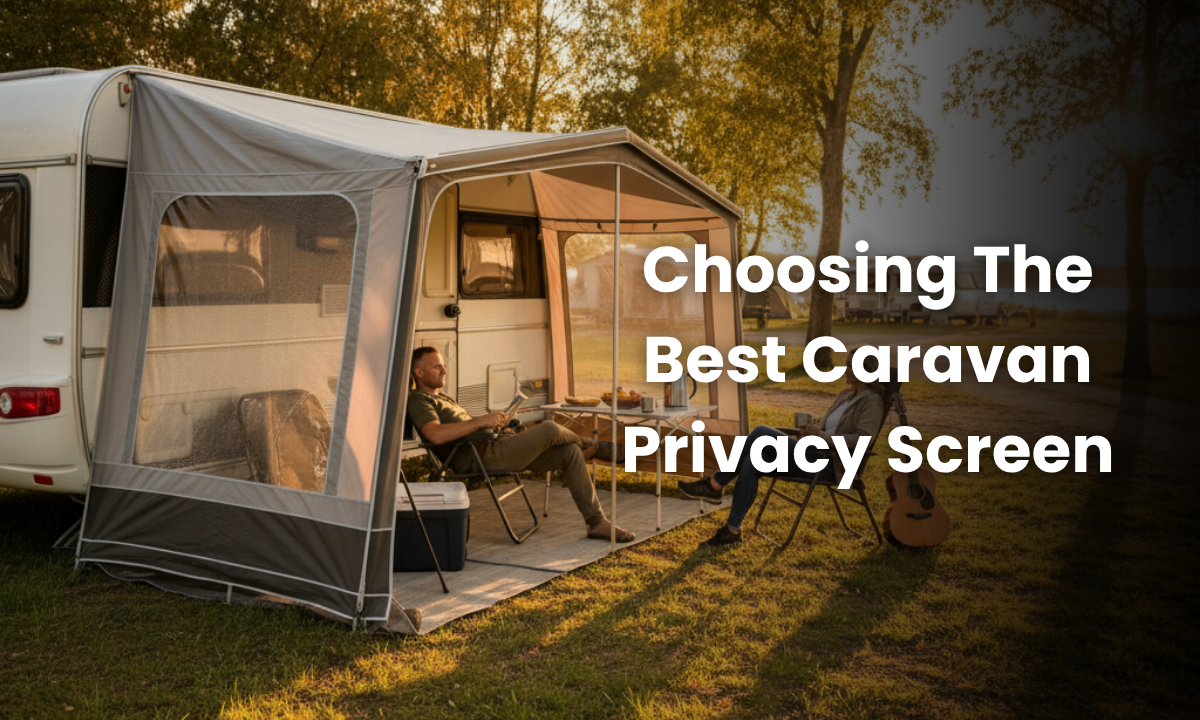 Caravan with side privacy screen creating a shaded, private campsite area