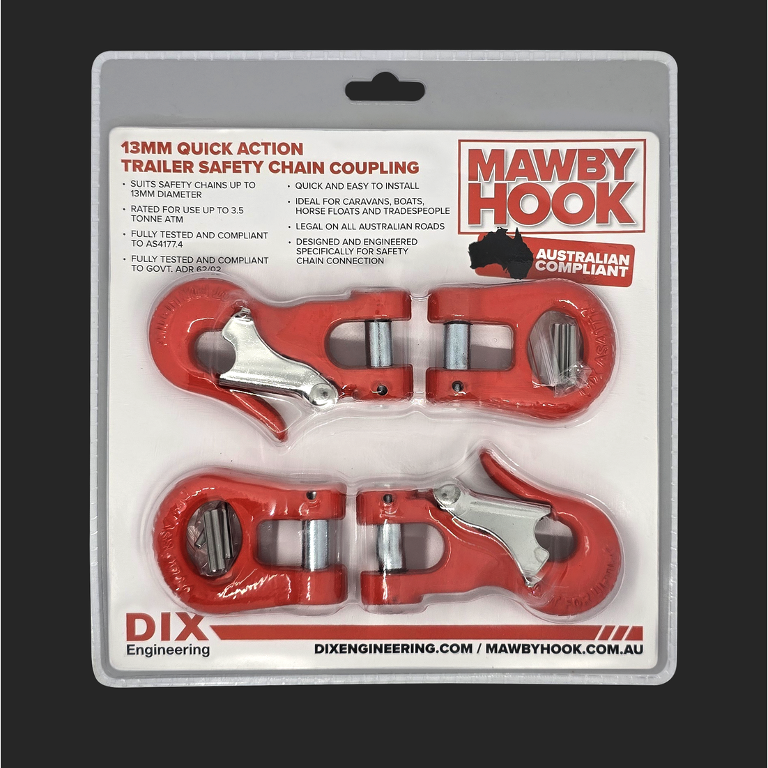 Mawby Hook Trailer Safety Chain Coupling 3.5T 13mm Throat - Pair - Australian Standard Compliant - RV Online