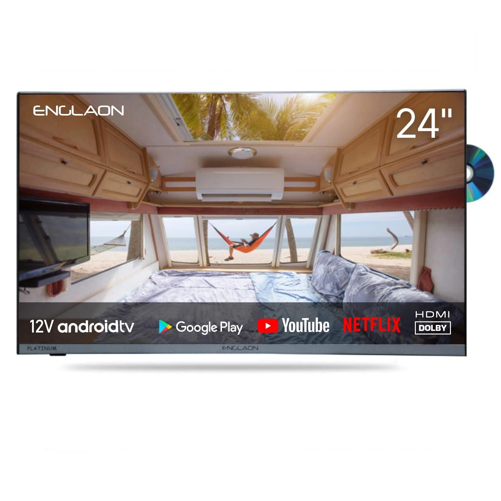 Englaon Frameless 24″ Full HD Smart 12V TV Chromecast With Built-in DVD Player-RV Online