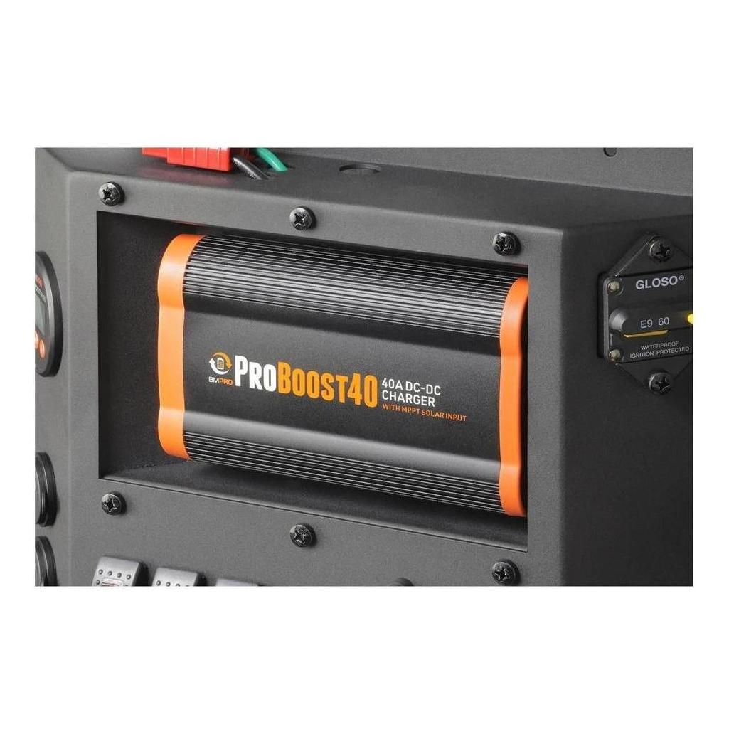 BMPRO Canopy Distribution Charging Board Inc Battery Display and 40 Amp Pro Boost 40 Solar DC-DC Charger