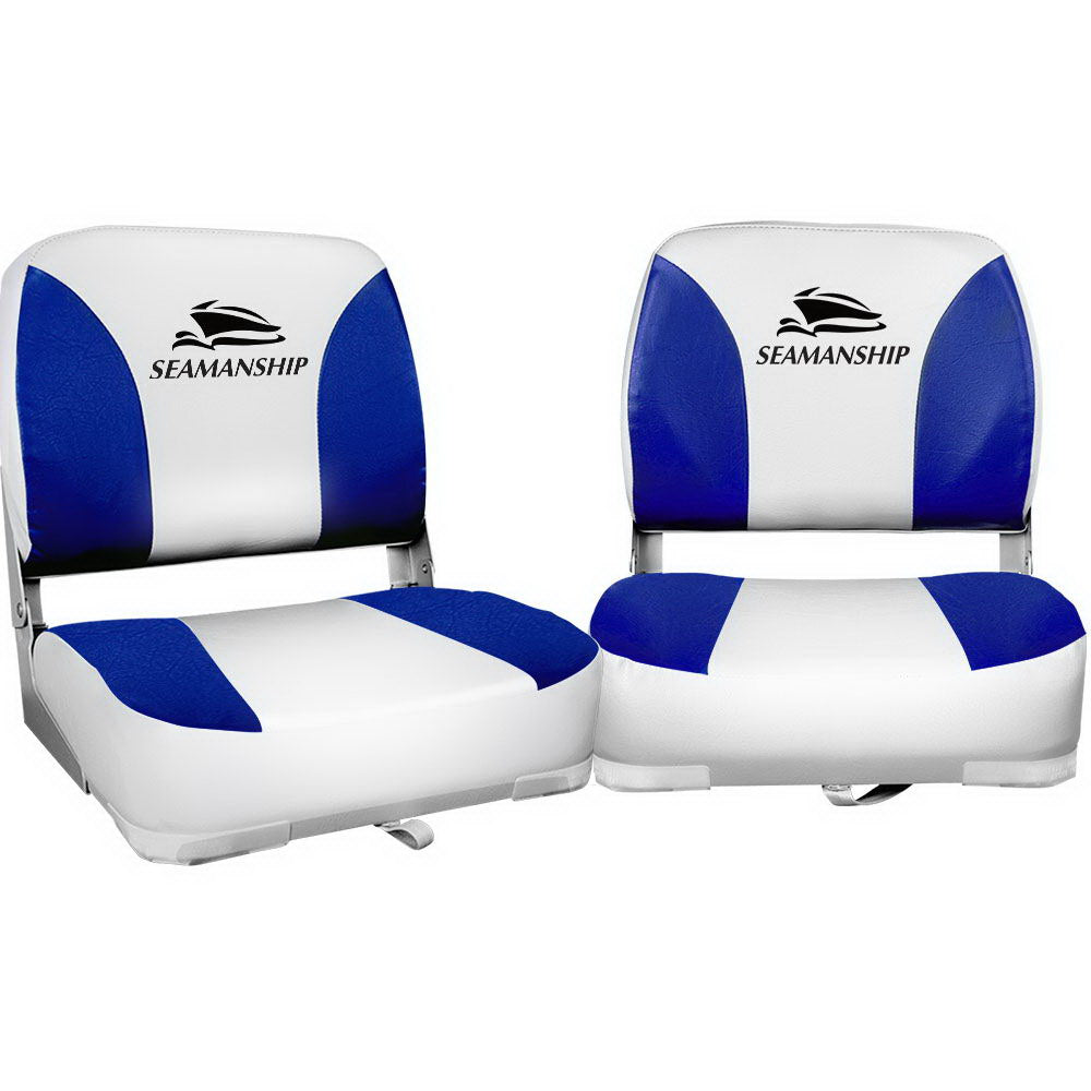 Seamanship 2X Folding Boat Seats Marine Swivel Low Back 13cm Padding White Blue - RV Online