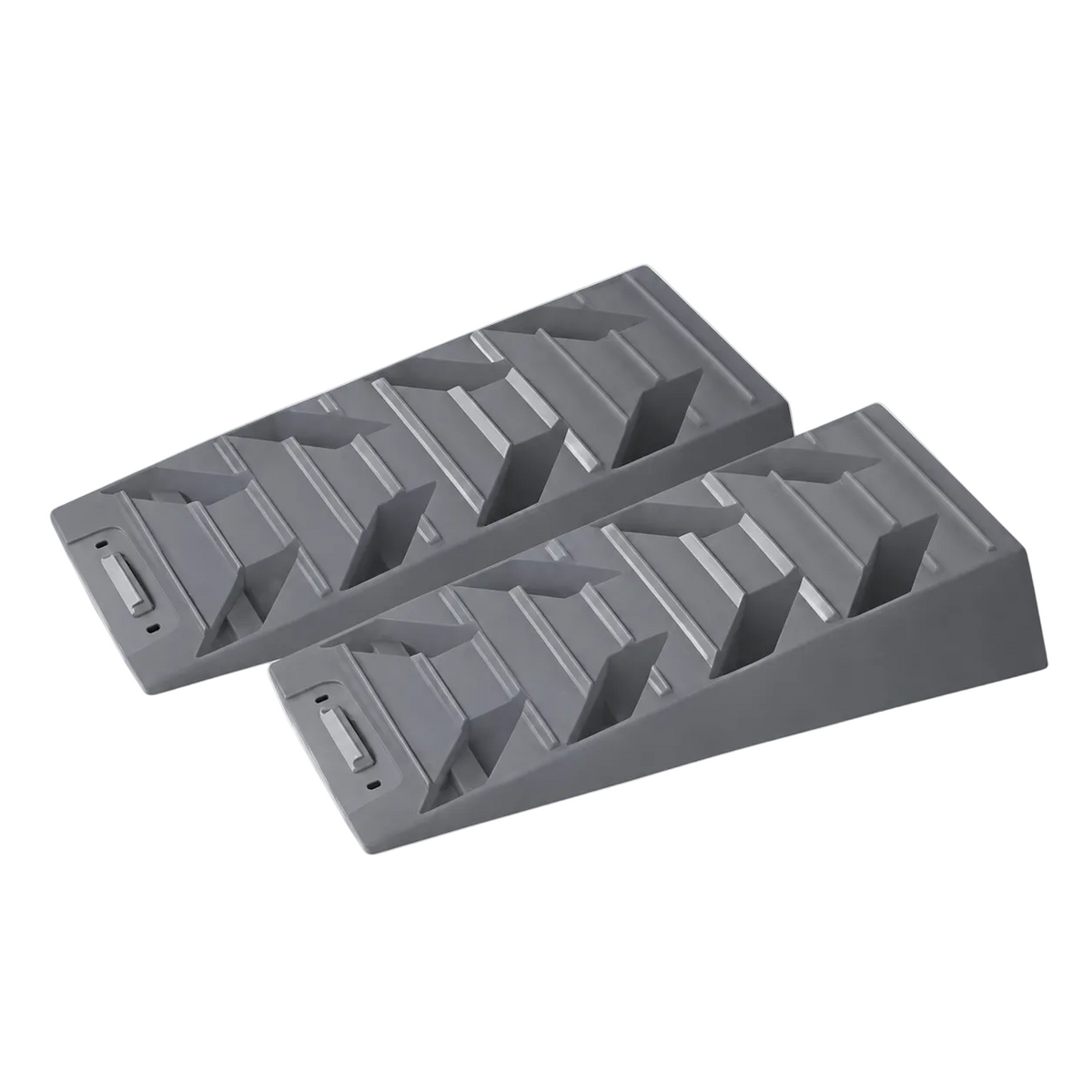 Two gray plastic ramp blocks with textured tread patterns, shown on a light gray background.