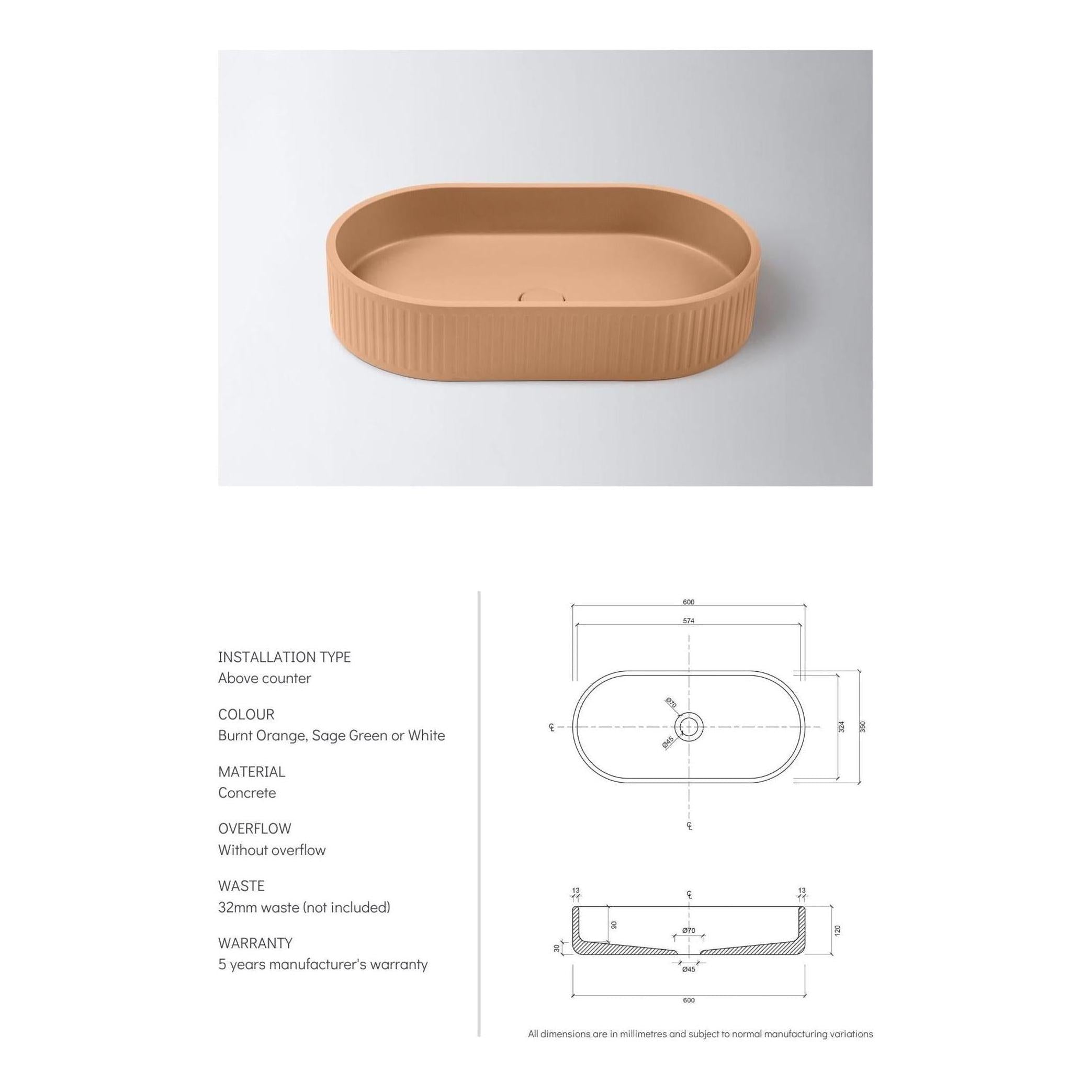 Concrete Single Bowl Basin Sink Fluted Oval 600 x 350 x 120 - White
