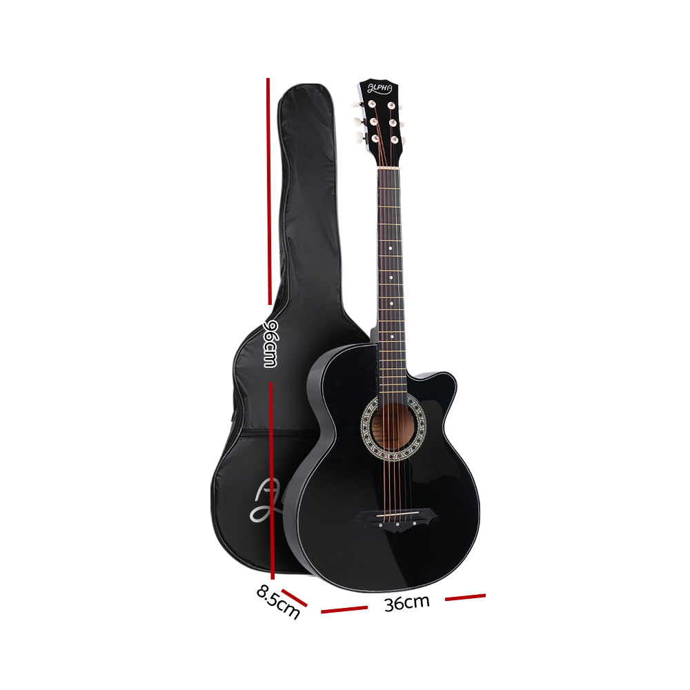 Alpha 38 Inch Acoustic Guitar Wooden Body Steel String Full Size Cutaway Black - RV Online