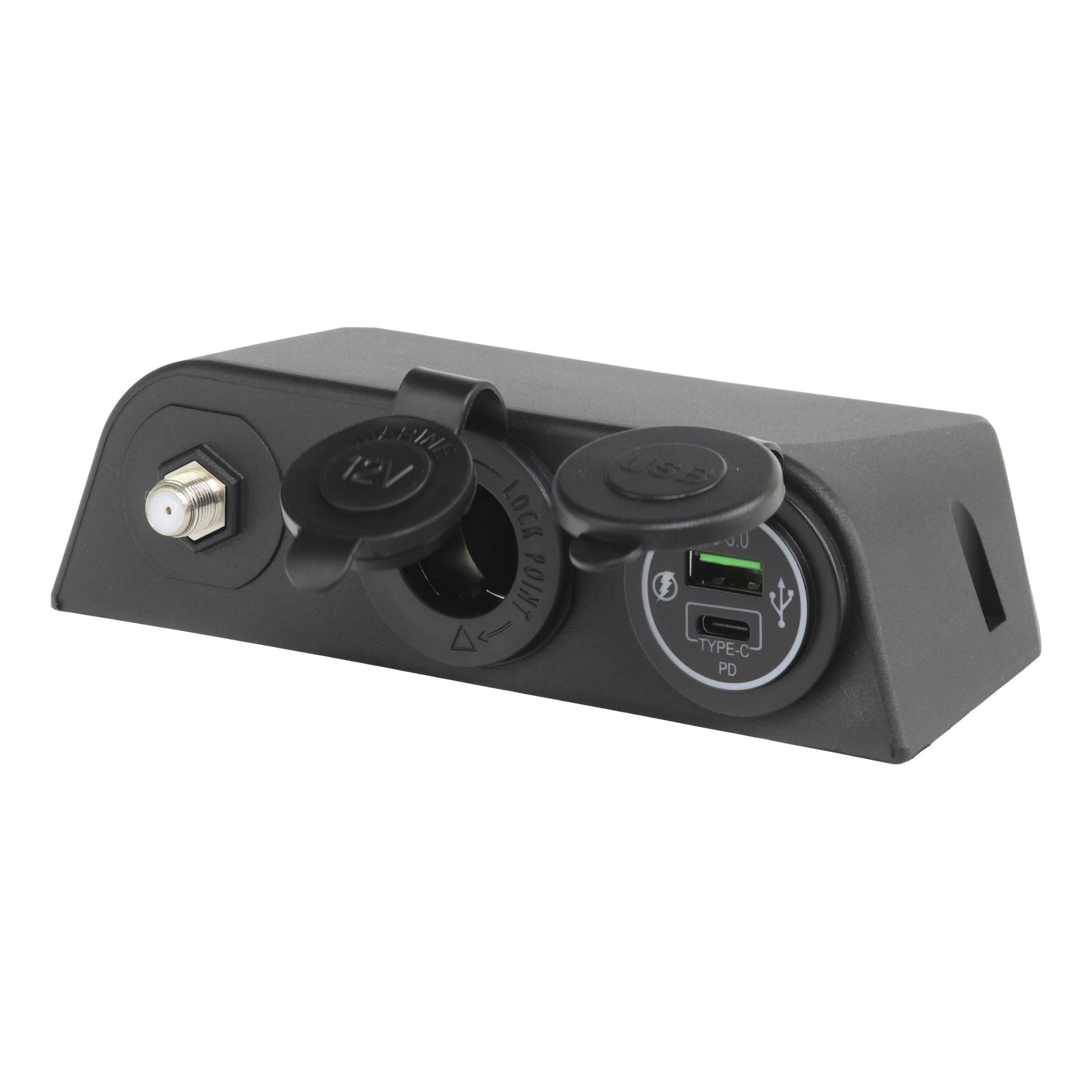 Iluma 12v Surface Mount 3 Way Accessory Socket Dual USB/C & TV Antenna Port F Type Black