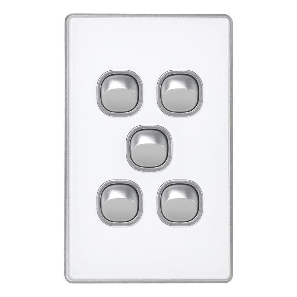 Iluma 5 Gang Light Switch Acrylic D-Series Silver/White