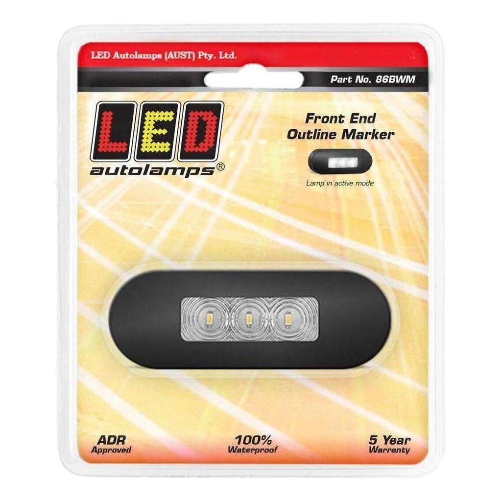 LED Autolamp 12V/24V White Front Marker Clear Lense & Black Bezel 86x31x16mm Blister