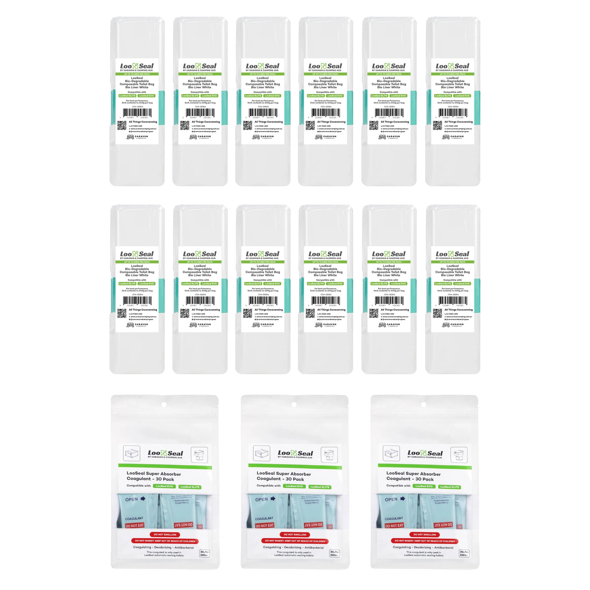 LooSeal Biodegradable Liner & Coagulant 3 Month Pack (12 Rolls & 3 Absorbers) White