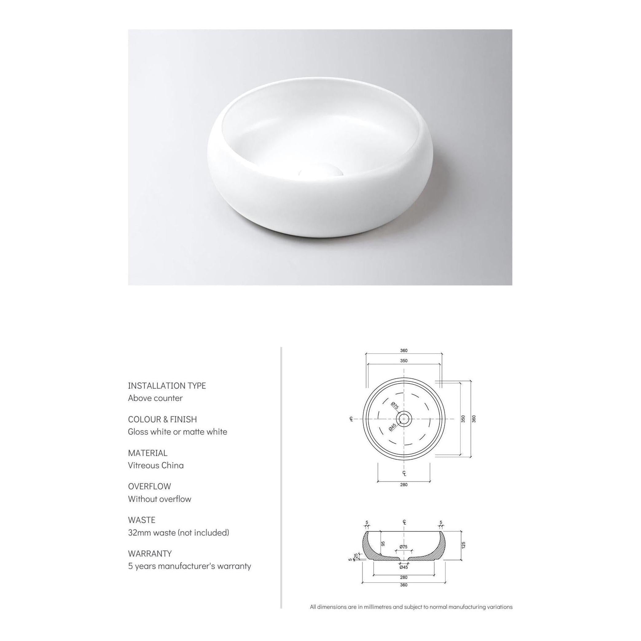 Luna Ceramic Basin Sink Round 360 x 360 x 125 - Gloss White