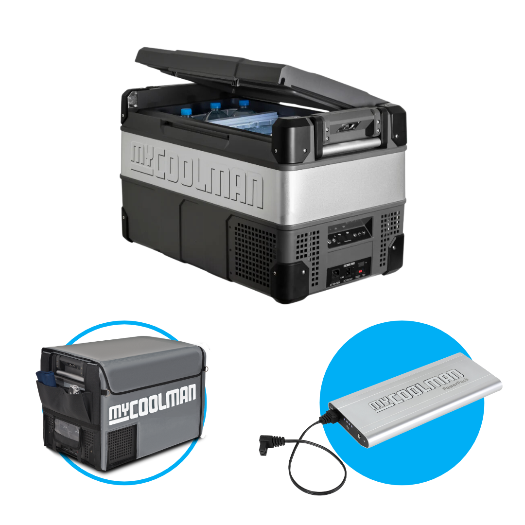 myCOOLMAN - 53L 'The Explorer' Portable Fridge with FREE PowerPack & Insulated Cover