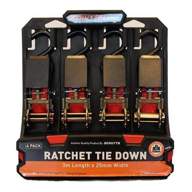 Schutts Quick Release Ratchet Tie Down 25mm x 3m x 4 Pack