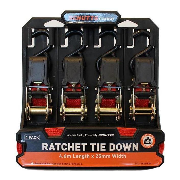 Schutts Quick Release Ratchet Tie Down 25mm x 4.6m x 4 Pack