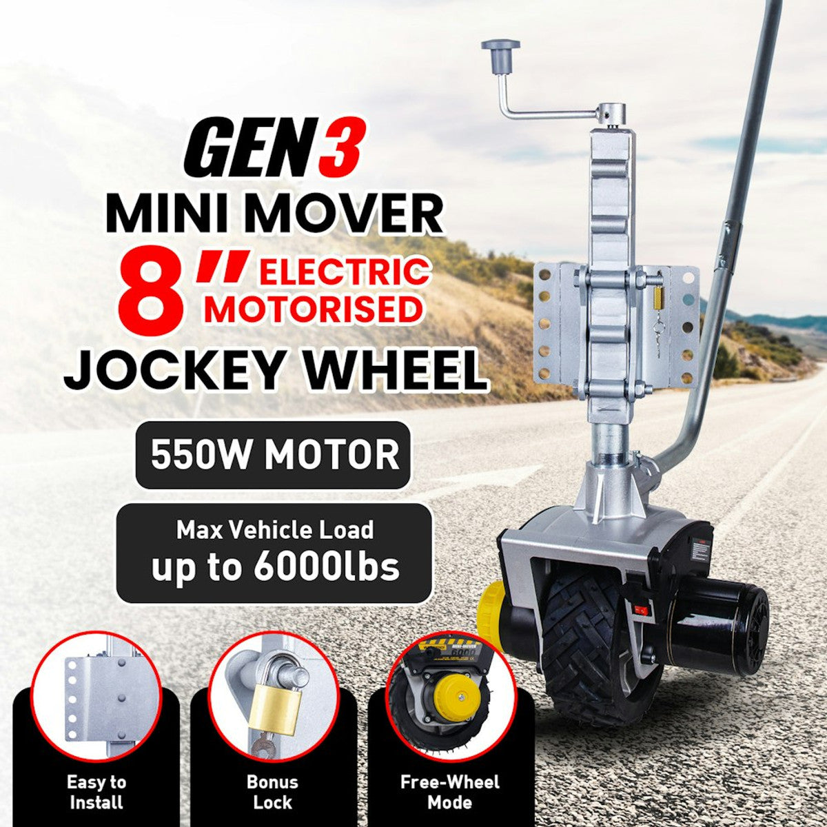 Mini Mover 12V 550w Electric Motorised Jockey Wheel Gen3 SILVER