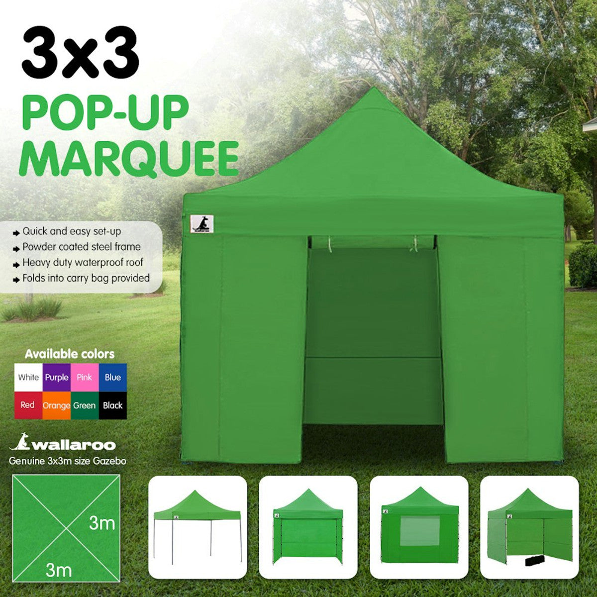 Wallaroo Gazebo Tent Marquee 3x3 Green
