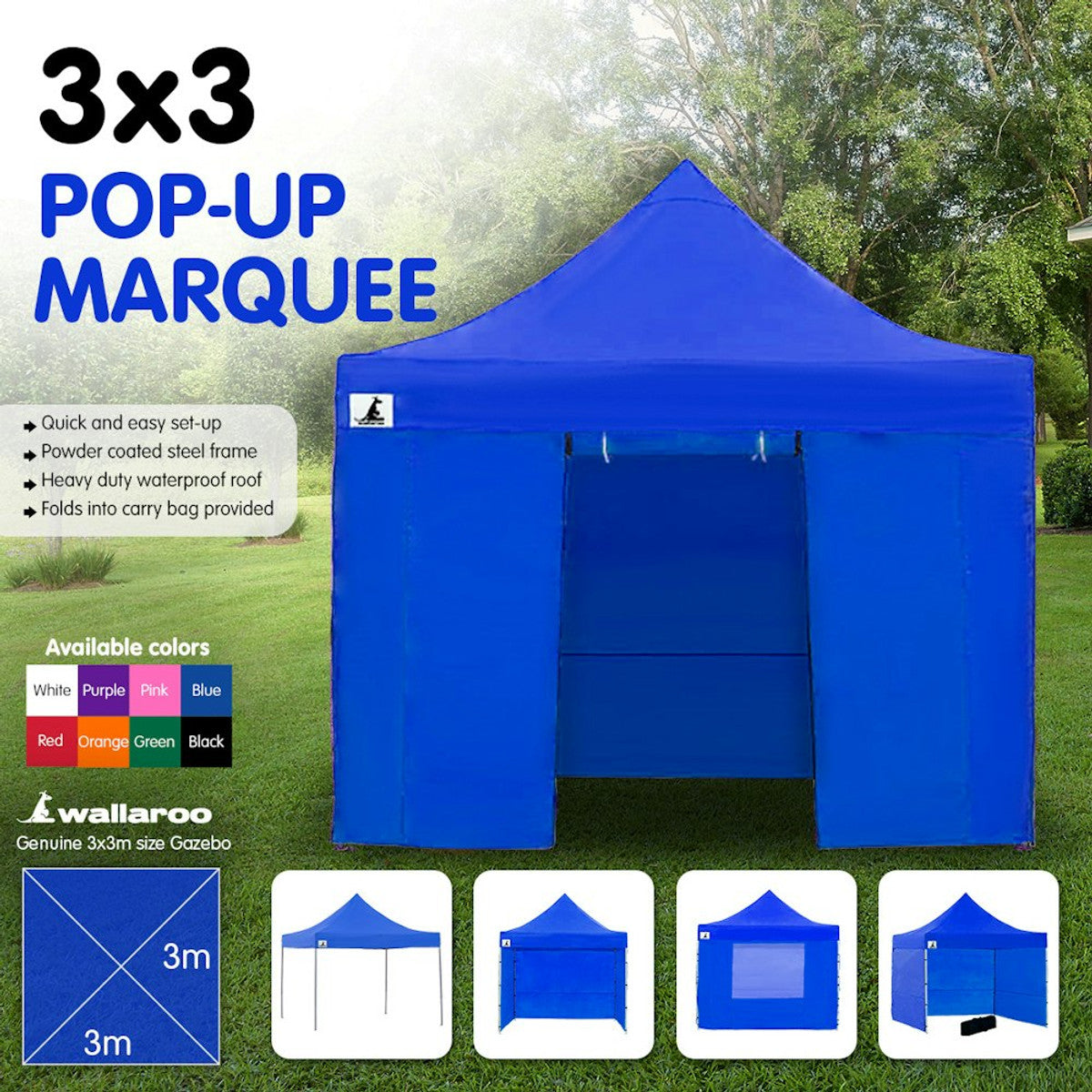 Wallaroo Gazebo Tent Marquee 3x3 Blue