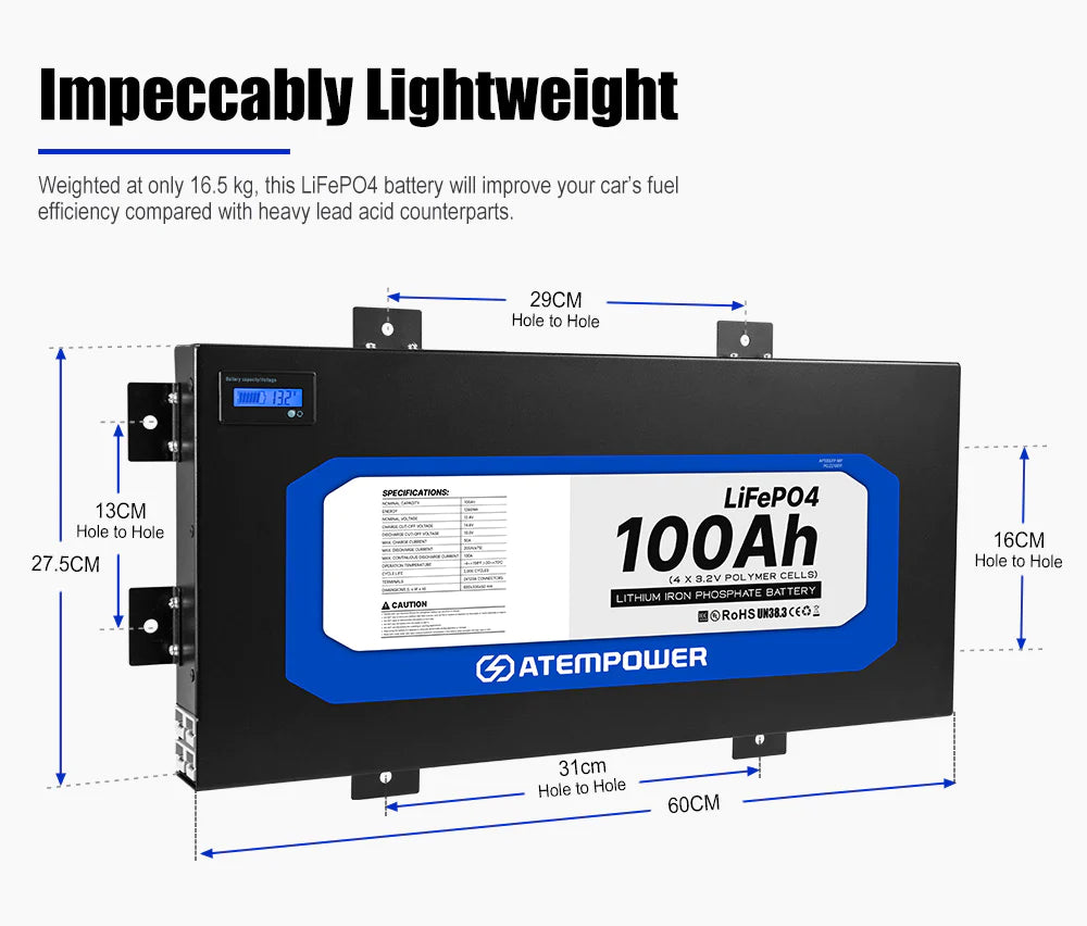 ATEM POWER 12V Slimline Lithium Battery LiFePO4 Deep Cycle 100Ah