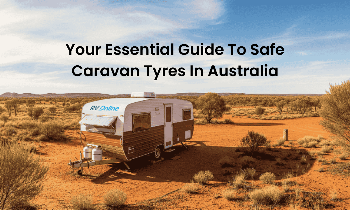 A caravan, or travel trailer, is parked on a dirt lot with sparse, dry brush under a partly cloudy sky. The caravan is white with brown accents and has "RV Online" visible on its side.