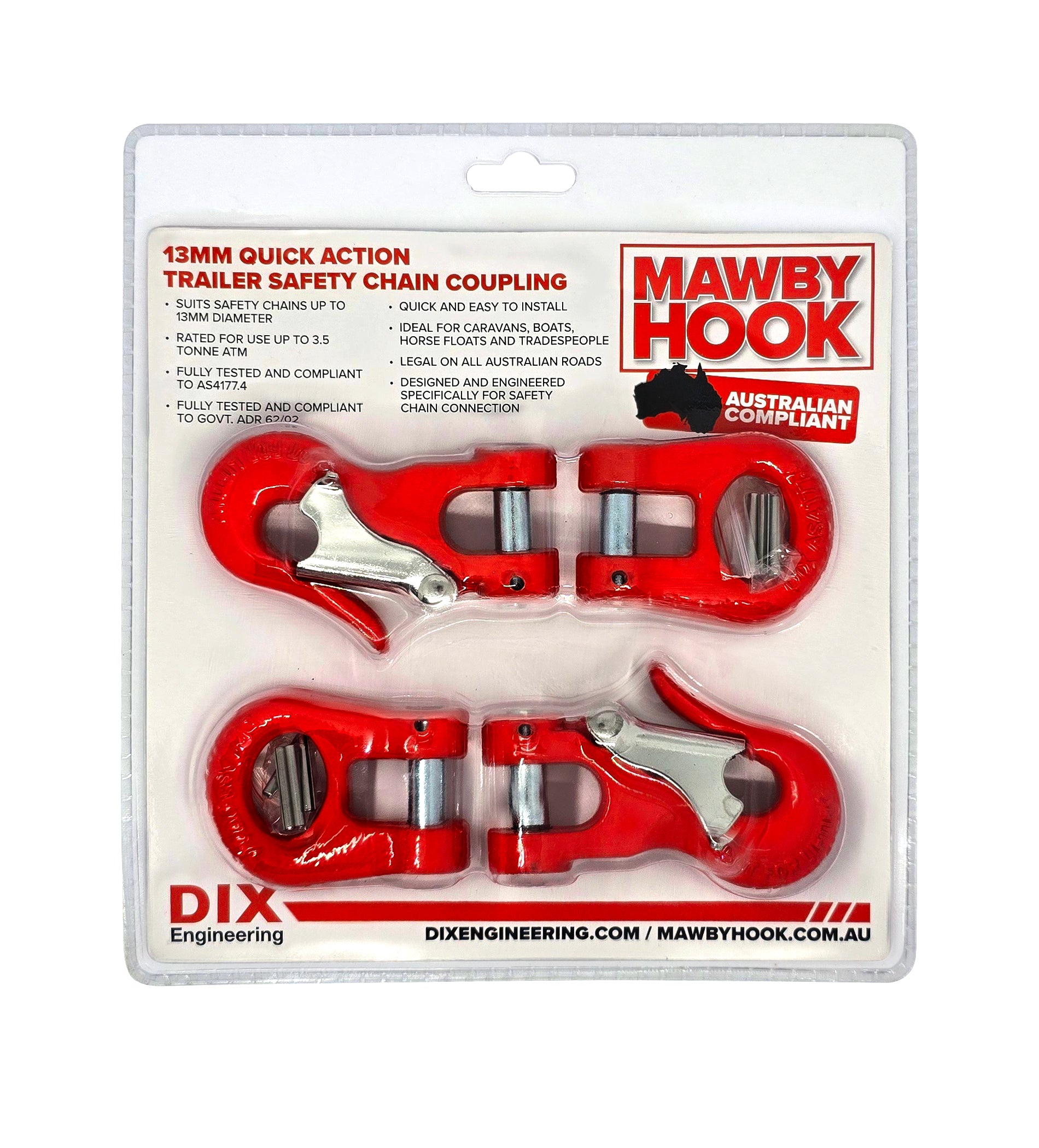Mawby Hook Trailer Safety Chain Coupling 3.5T 13mm Throat - Pair - Australian Standard Compliant - RV Online