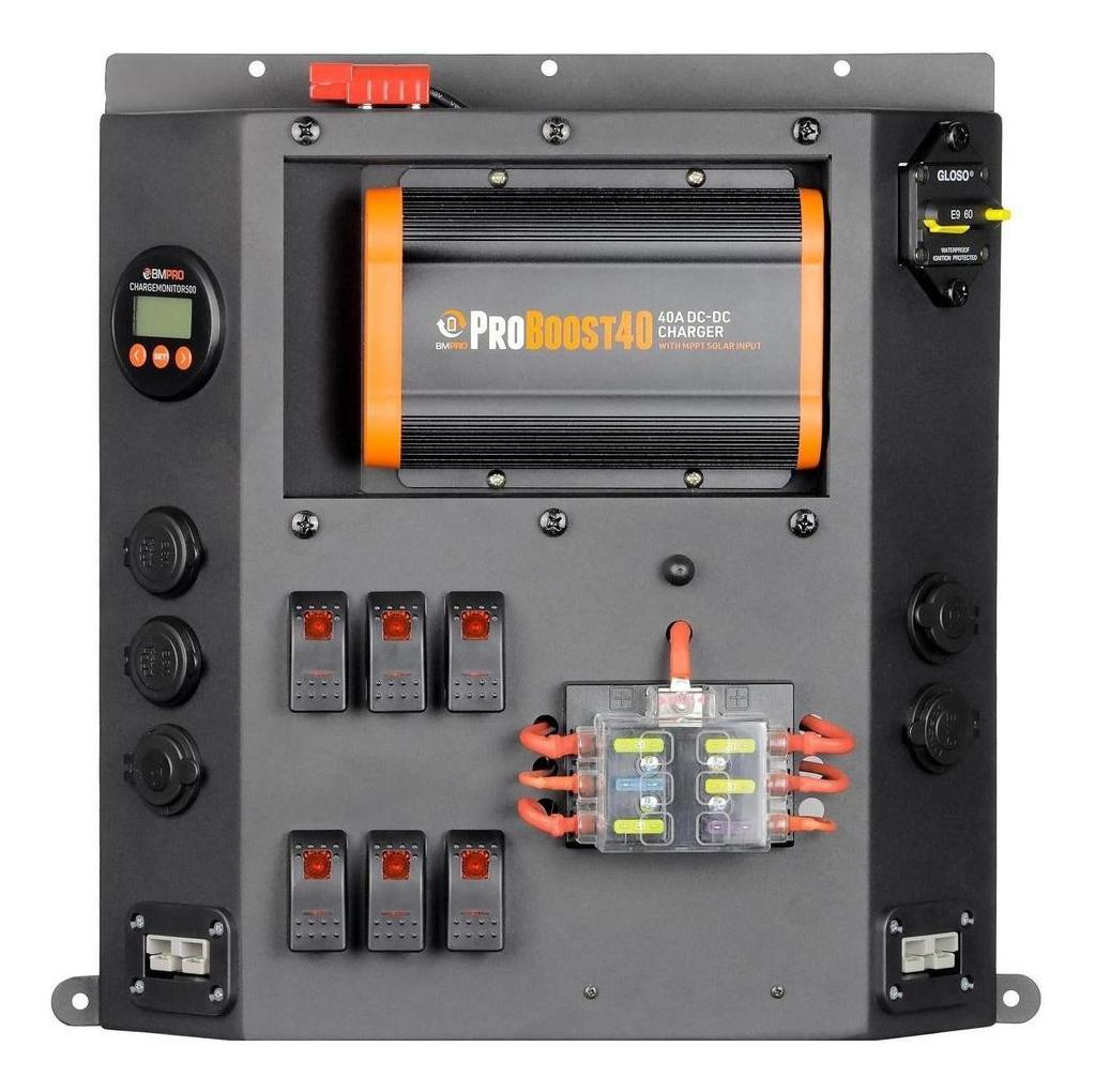 BMPRO Canopy Distribution Charging Board Inc Battery Display and 40 Amp Pro Boost 40 Solar DC-DC Charger