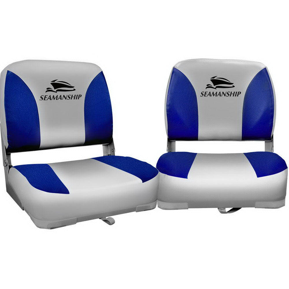 Seamanship 2X Folding Boat Seats Marine Swivel Low Back 13cm Padding Grey Blue - RV Online
