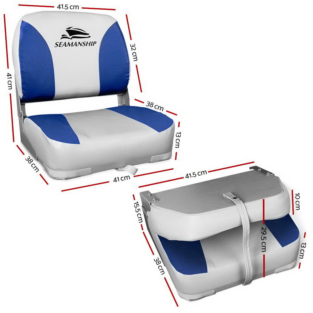 Seamanship 2X Folding Boat Seats Marine Swivel Low Back 13cm Padding Grey Blue - RV Online