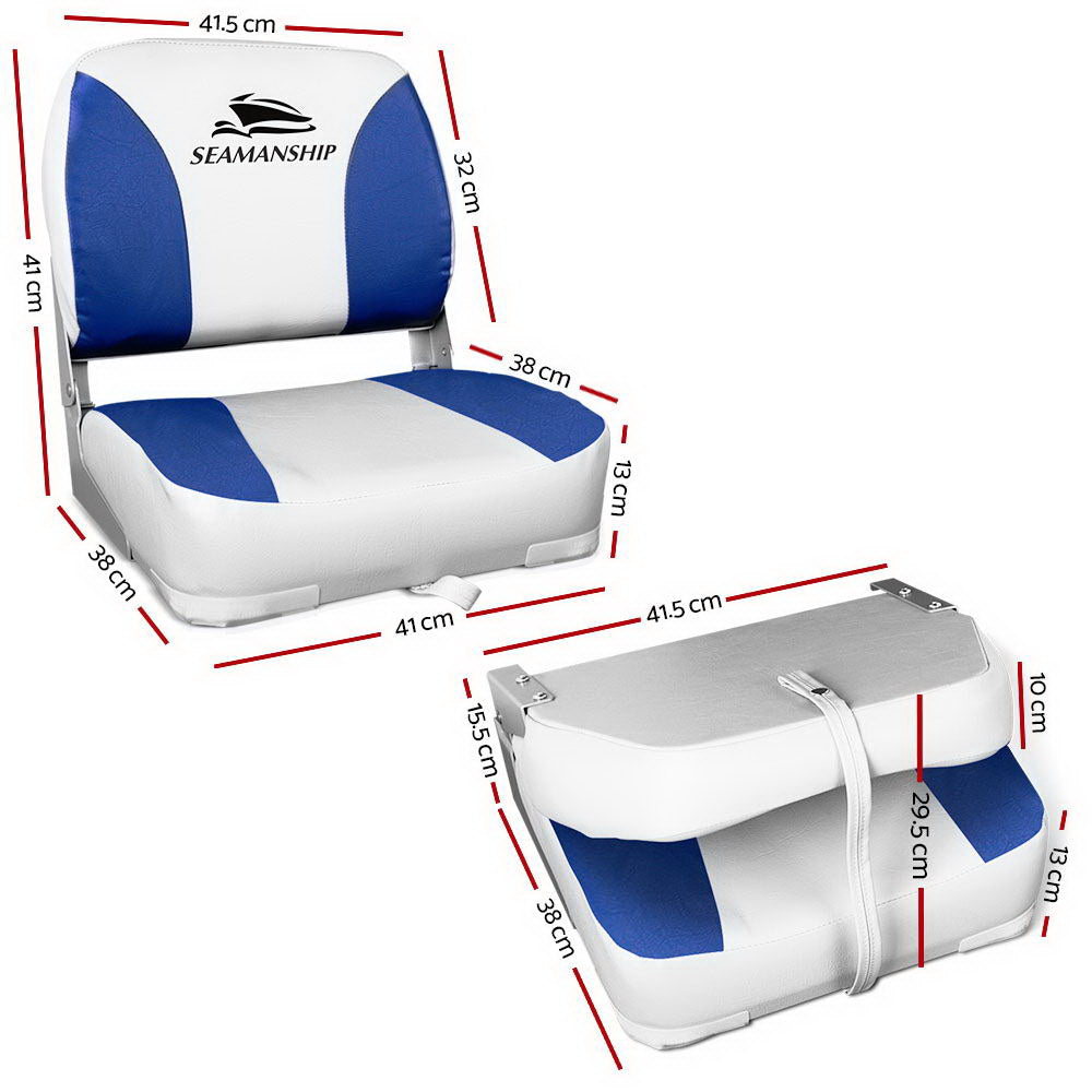 Seamanship 2X Folding Boat Seats Marine Swivel Low Back 13cm Padding White Blue - RV Online