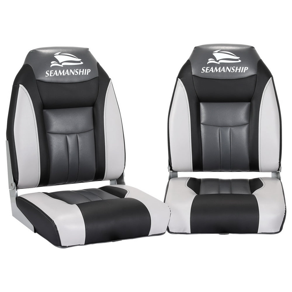 Seamanship 2X Folding Boat Seats Marine Seat Swivel High Back 12cm Padding Black - RV Online