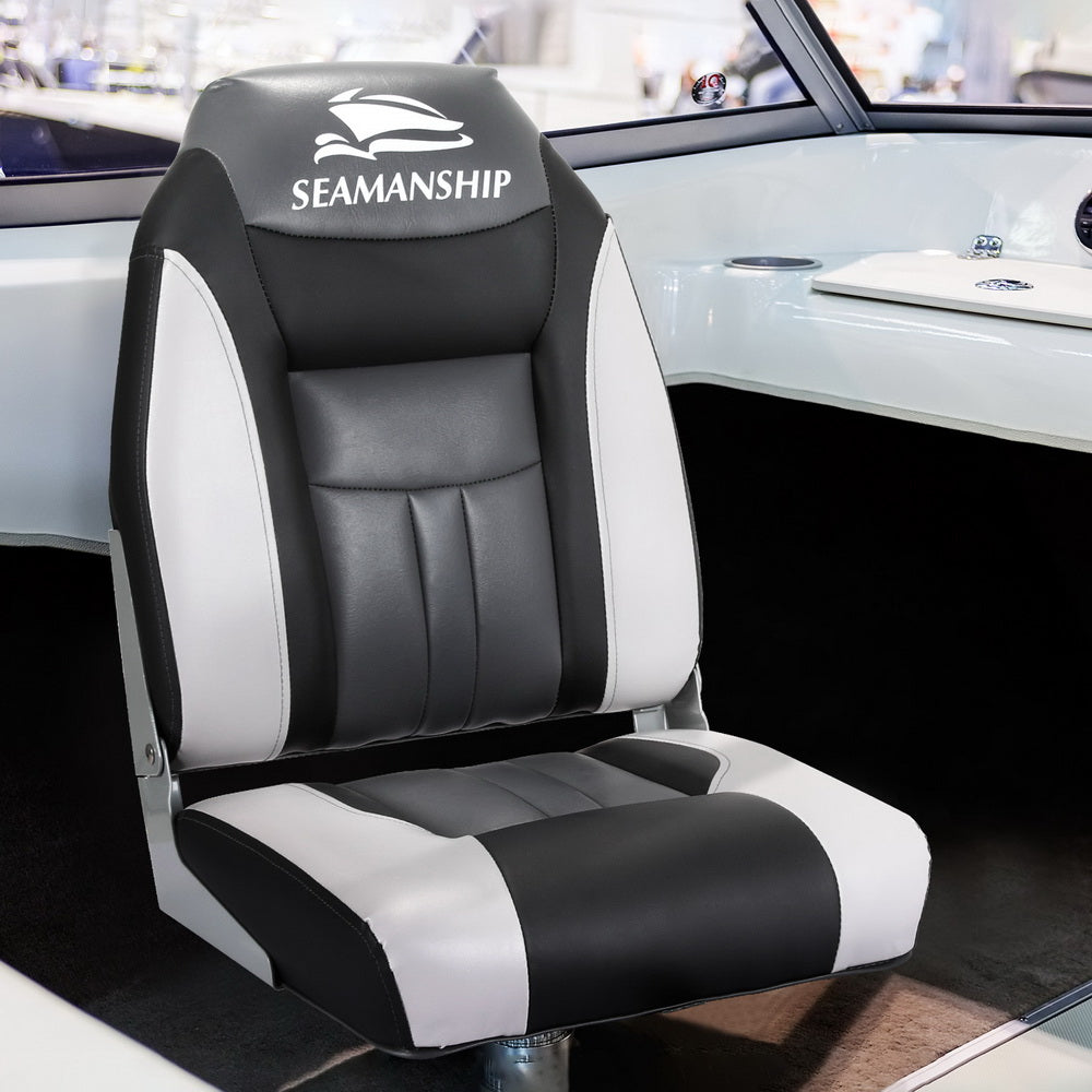 Seamanship 2X Folding Boat Seats Marine Seat Swivel High Back 12cm Padding Black - RV Online