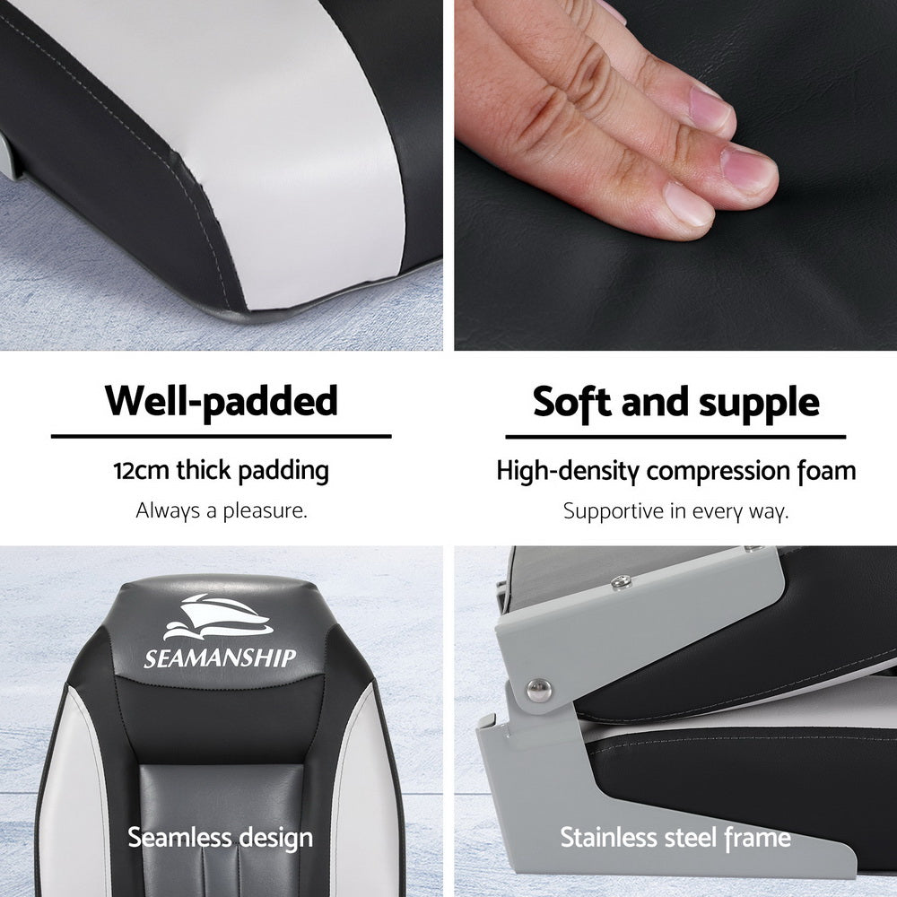 Seamanship 2X Folding Boat Seats Marine Seat Swivel High Back 12cm Padding Black - RV Online