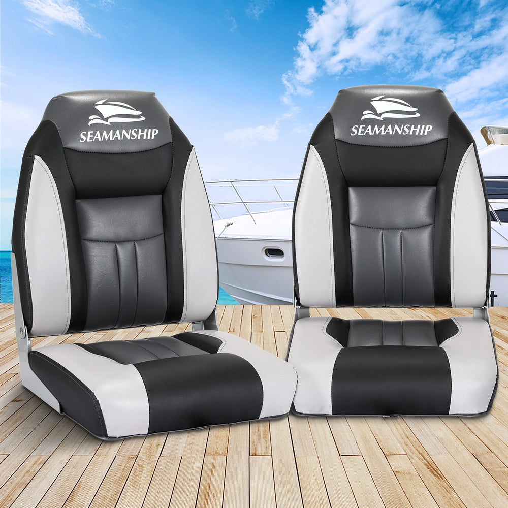 Seamanship 2X Folding Boat Seats Marine Seat Swivel High Back 12cm Padding Black - RV Online