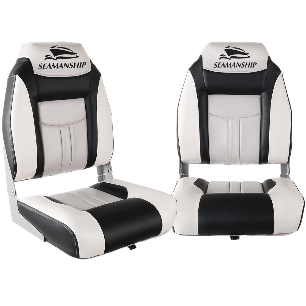 Seamanship 2X Folding Boat Seats Marine Seat Swivel High Back 12cm Padding Grey - RV Online
