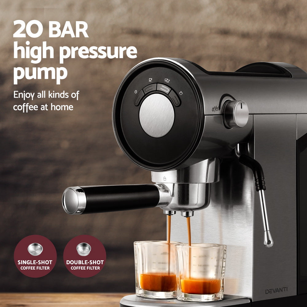 Devanti 20 Bar Coffee Machine Espresso Cafe Maker Silver - RV Online