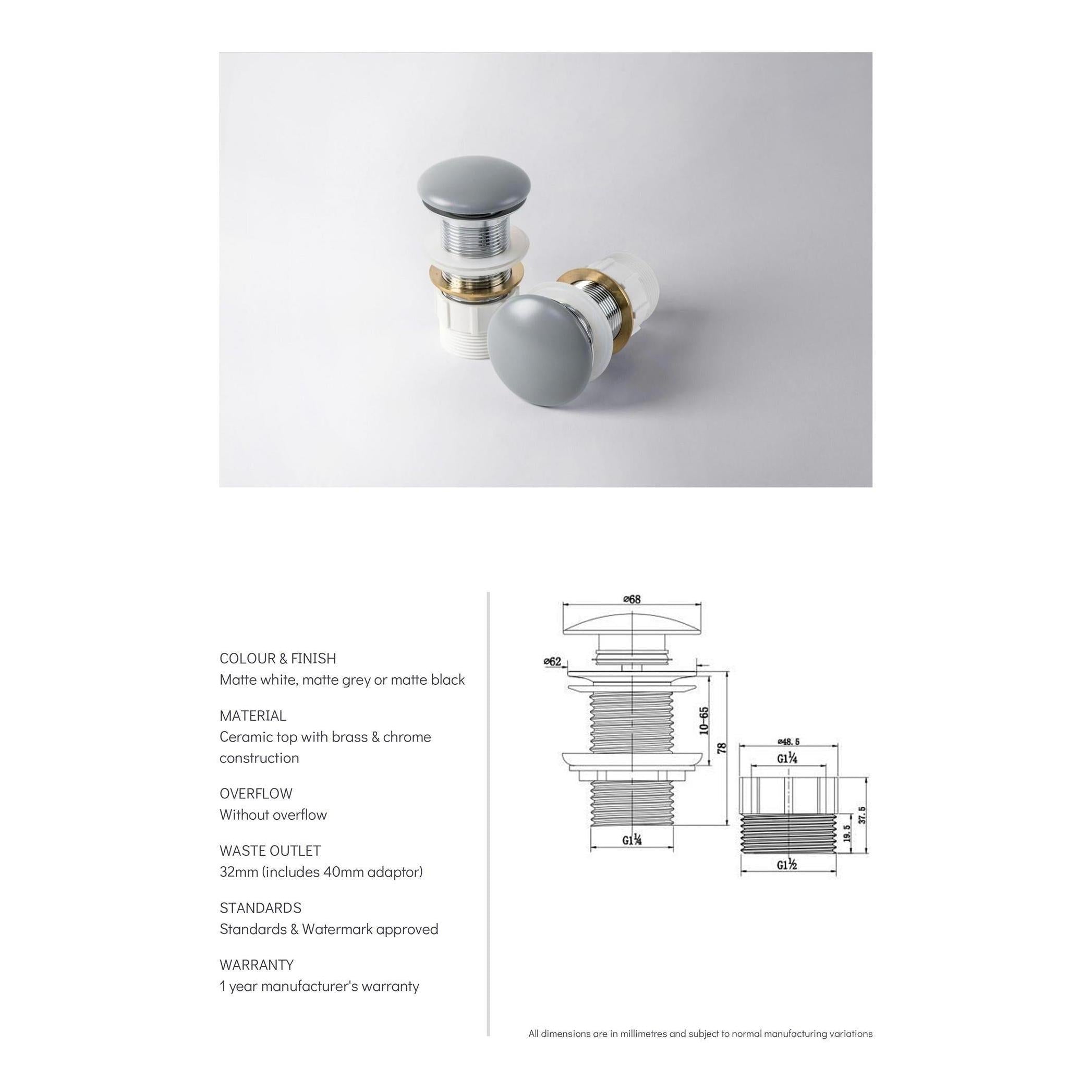 Ceramic Top Pop Up Waste - Matte White