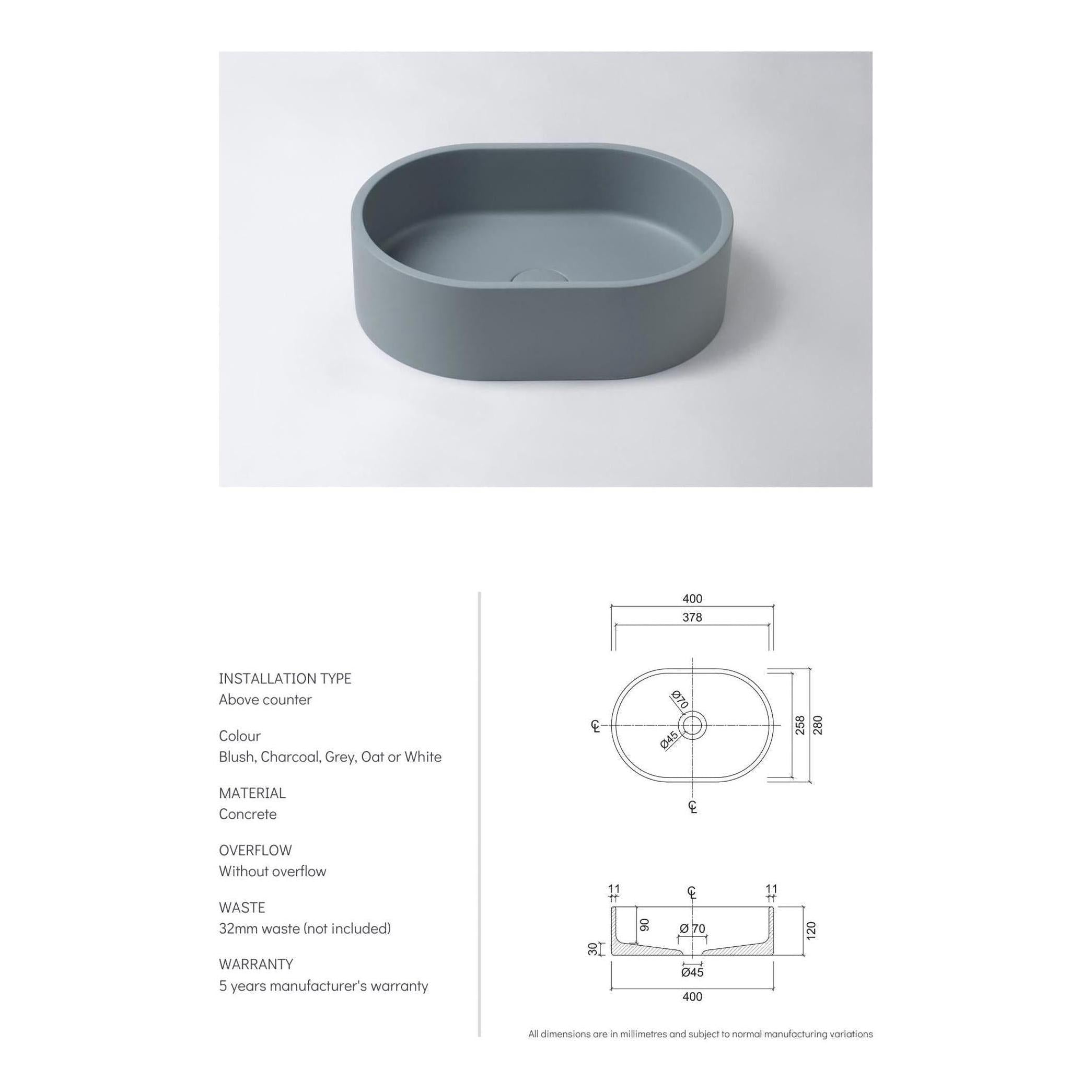 Concrete Single Bowl Basin Sink Oval 400 x 280 x 120 - Charcoal
