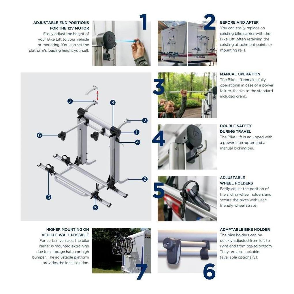 Electric 12V Bike Lift Rack Carrier 2 Bike 830 - 1210 mm Range Inc Remote