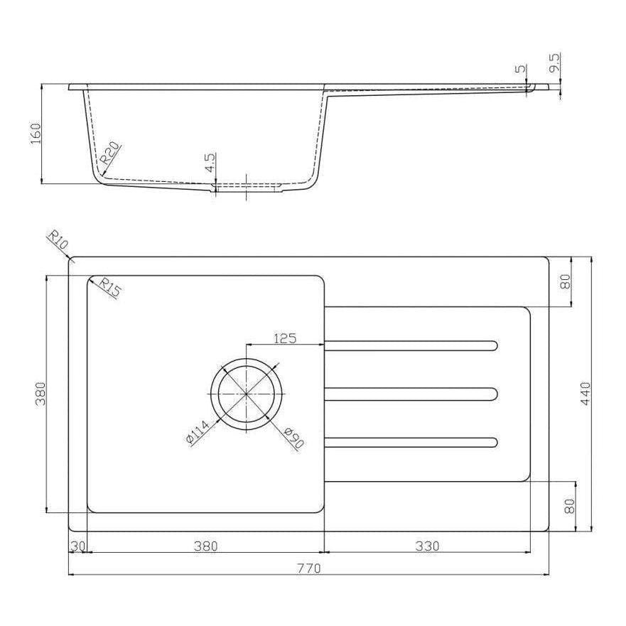 Fomos Black Granite Composite Sink With Drainer 770 x 440mm