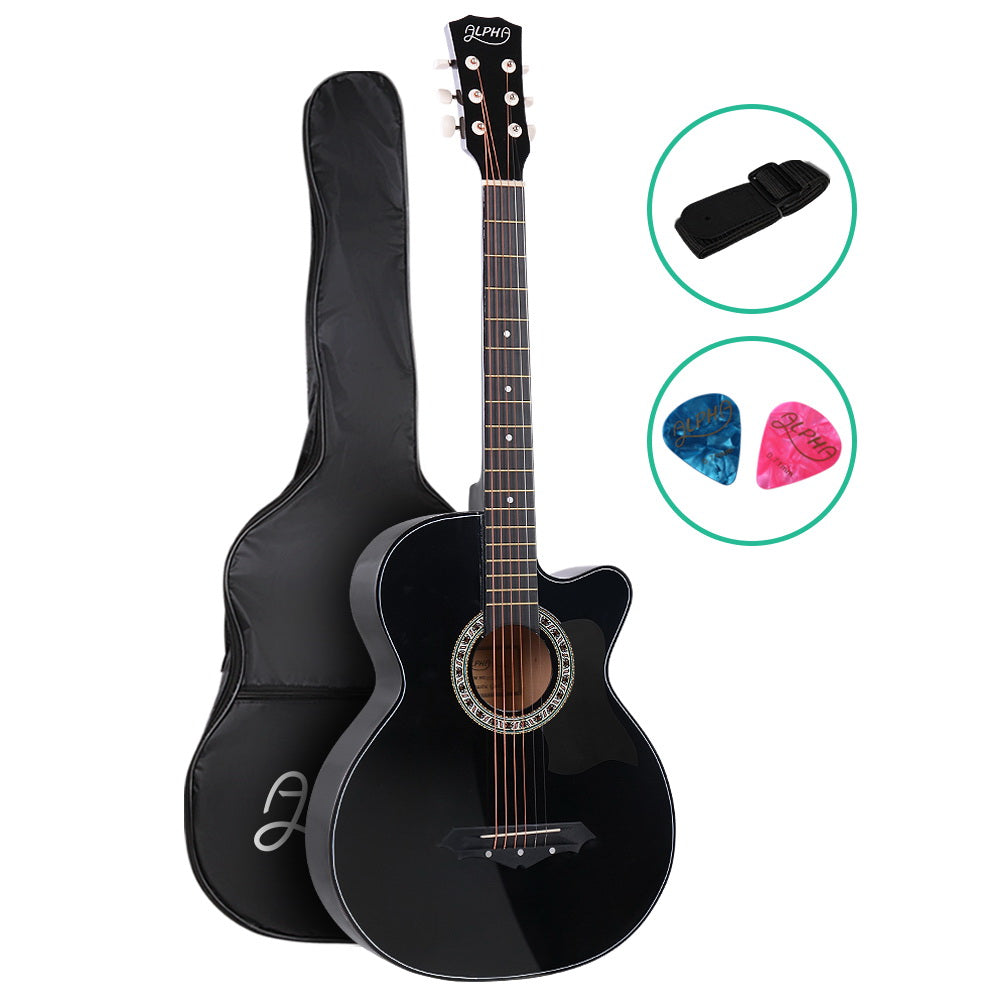 Alpha 38 Inch Acoustic Guitar Wooden Body Steel String Full Size Cutaway Black - RV Online
