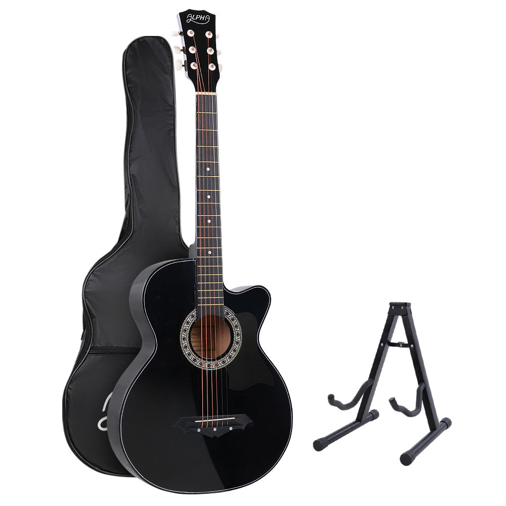Alpha 38 Inch Acoustic Guitar Wooden Body Steel String Full Size w/ Stand Black - RV Online