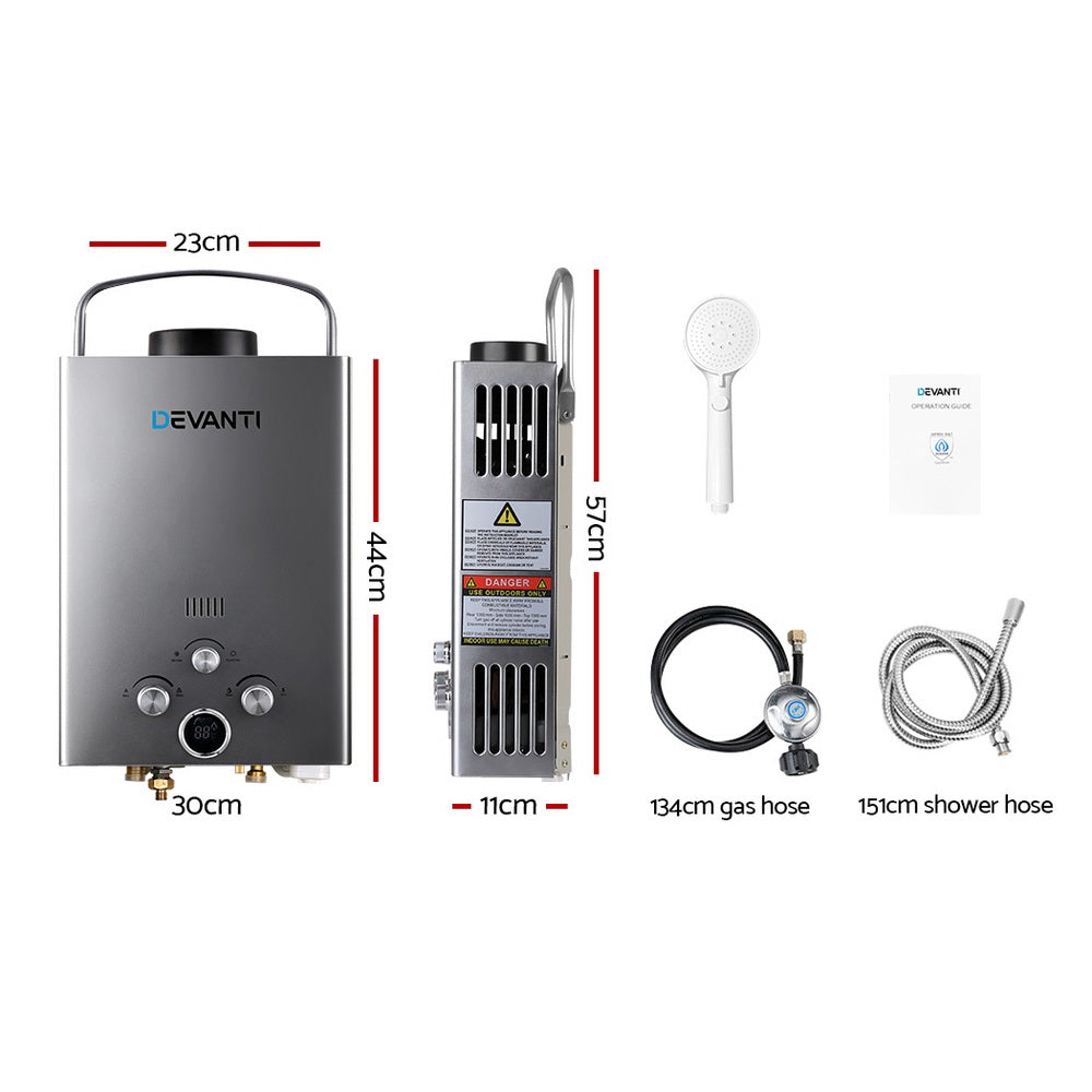 Devanti Portable Gas Water Heater 8LPM LPG System Grey