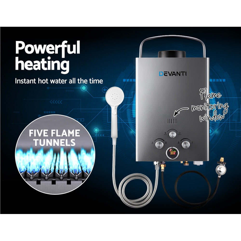 Devanti Portable Gas Water Heater 8LPM LPG System Grey