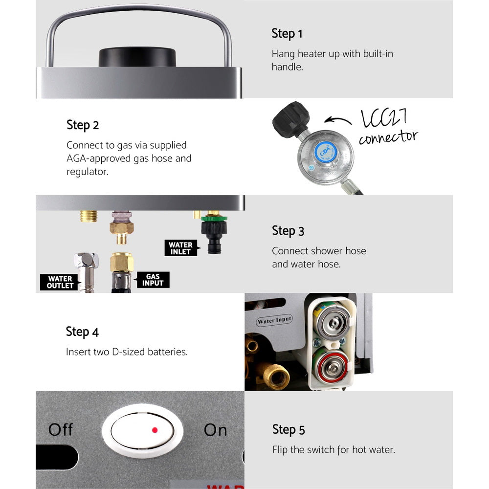 Devanti Portable Gas Water Heater 8LPM LPG System Grey