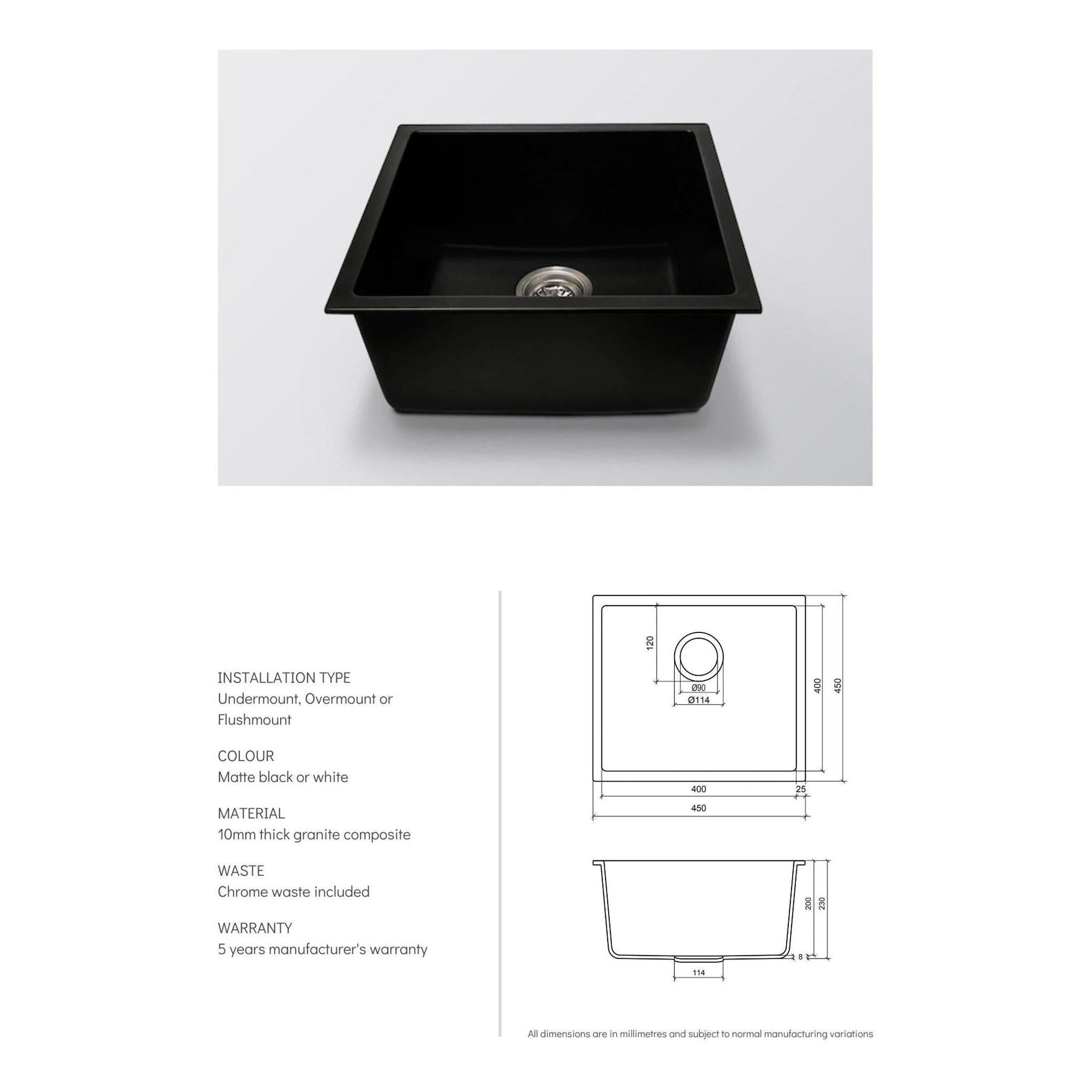 Grange Single Bowl Sink Basin Granite Composite 450 x 450 x 230 - Matte Black