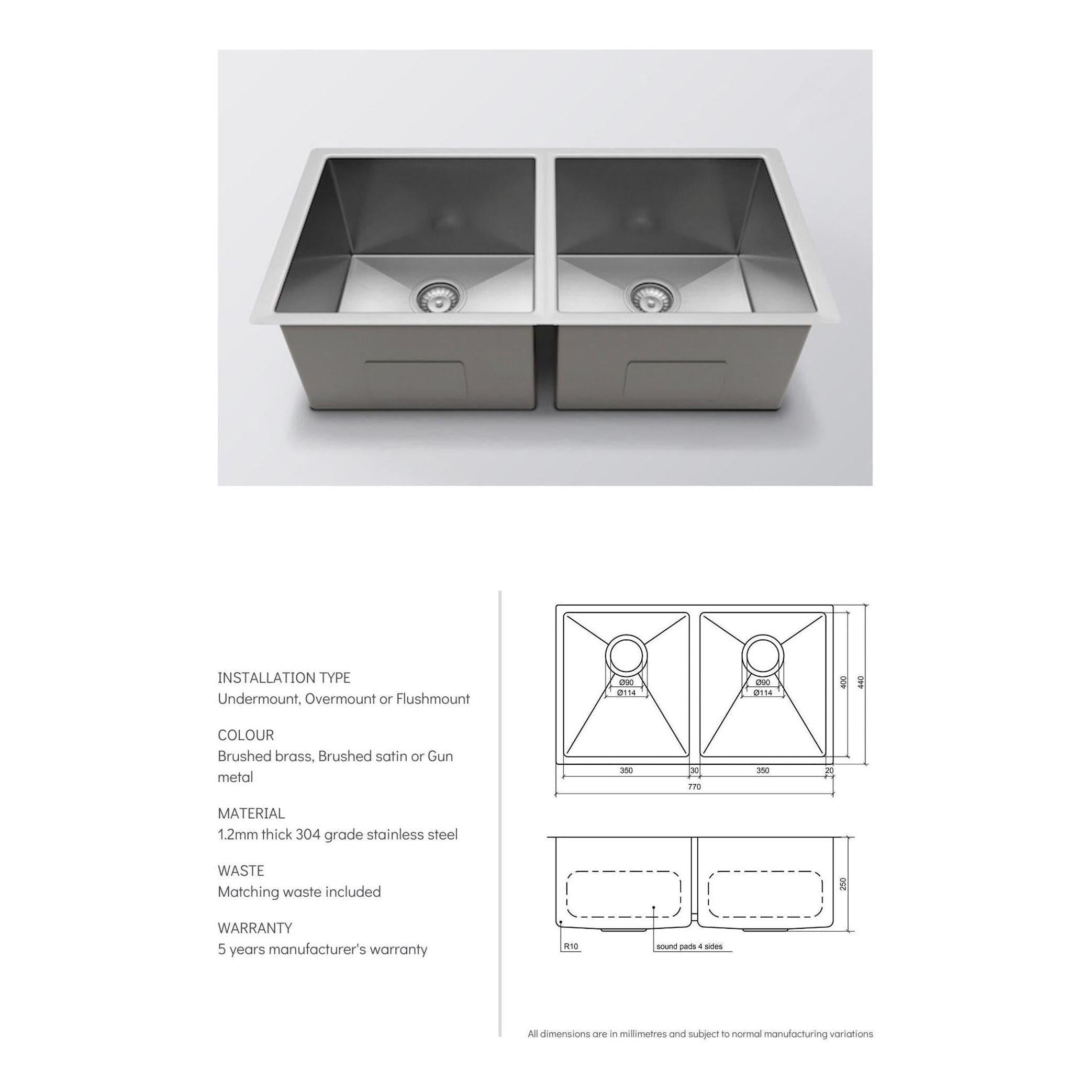 Henley Double Bowl Sink Basin 770 x 440 x 250 - Stainless Steel French Gold