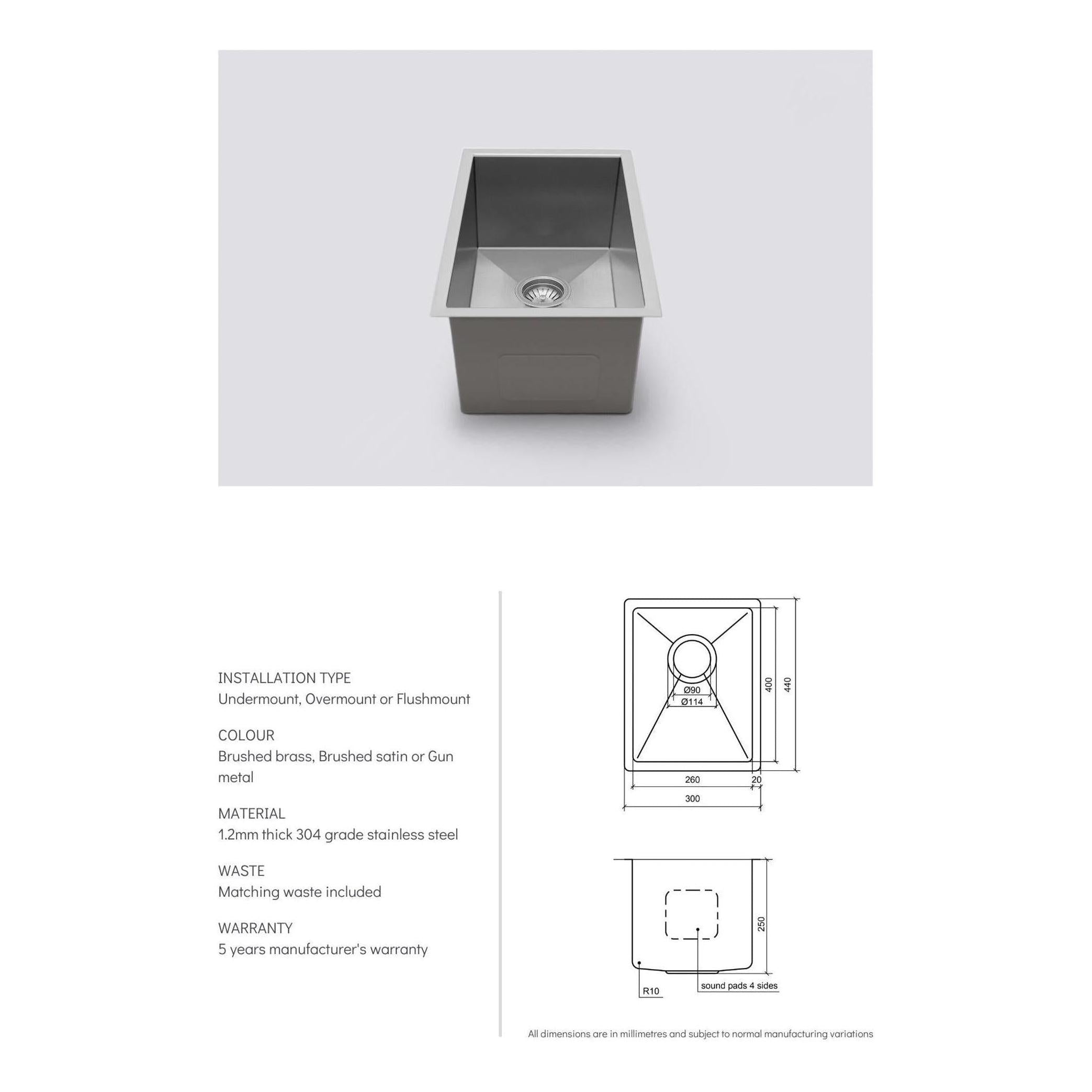 Henley Single Bowl Sink Basin 300 x 440 x 250 - Stainless Steel Brushed Satin