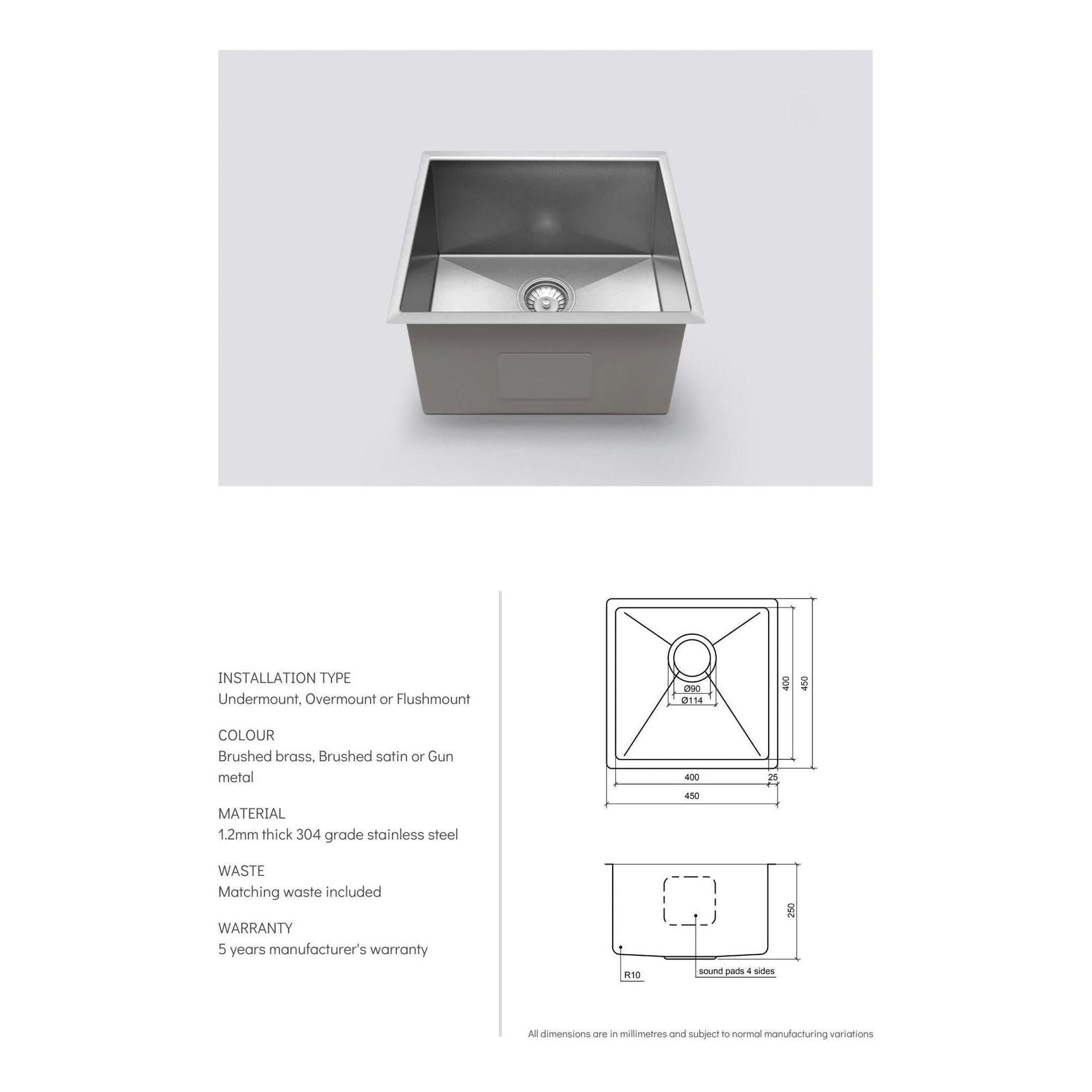 Henley Single Bowl Sink Basin 450 x 450 x 250 - Stainless Steel Gun Metal