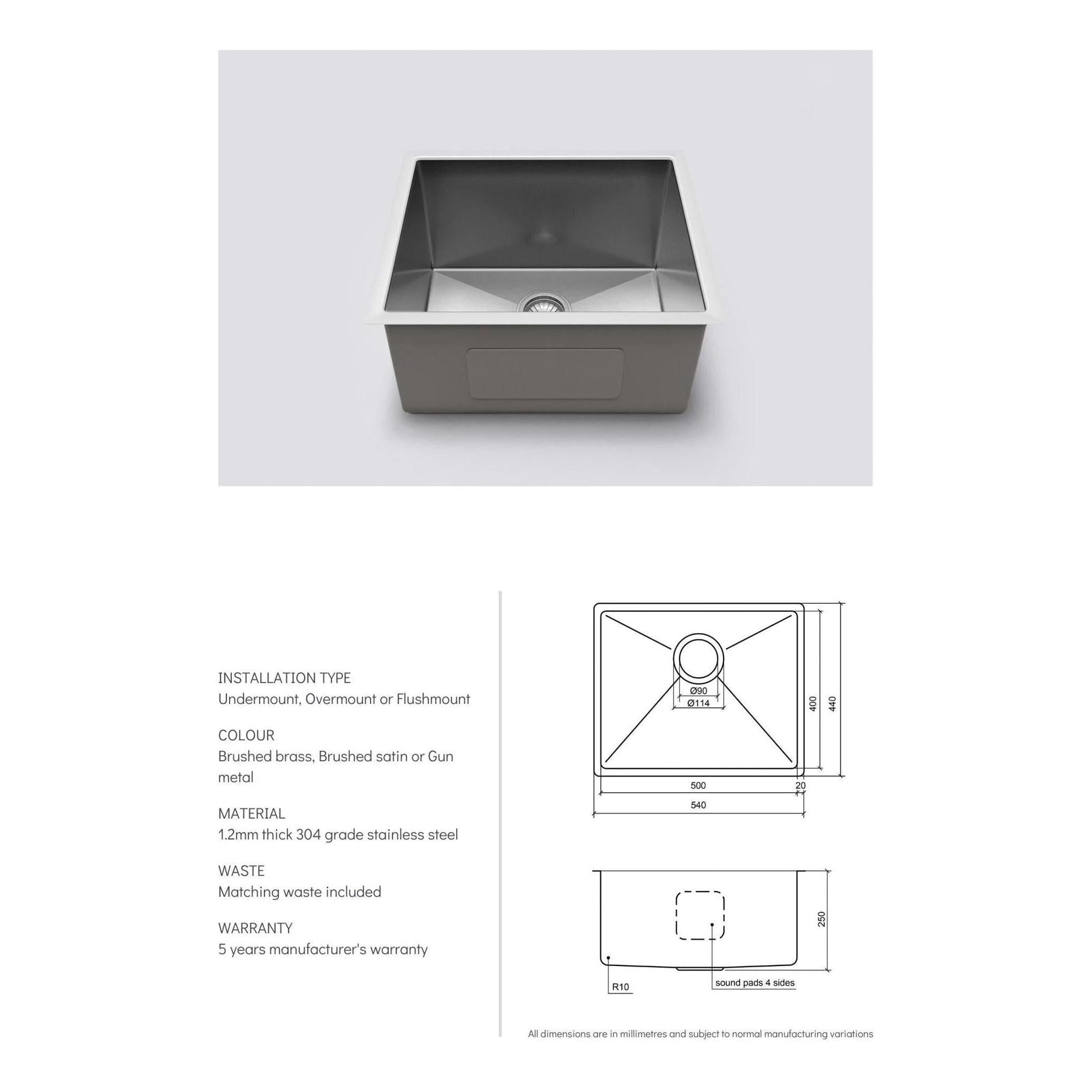 Henley Single Bowl Sink Basin 540 x 440 x 250 - Stainless Steel Brushed Satin