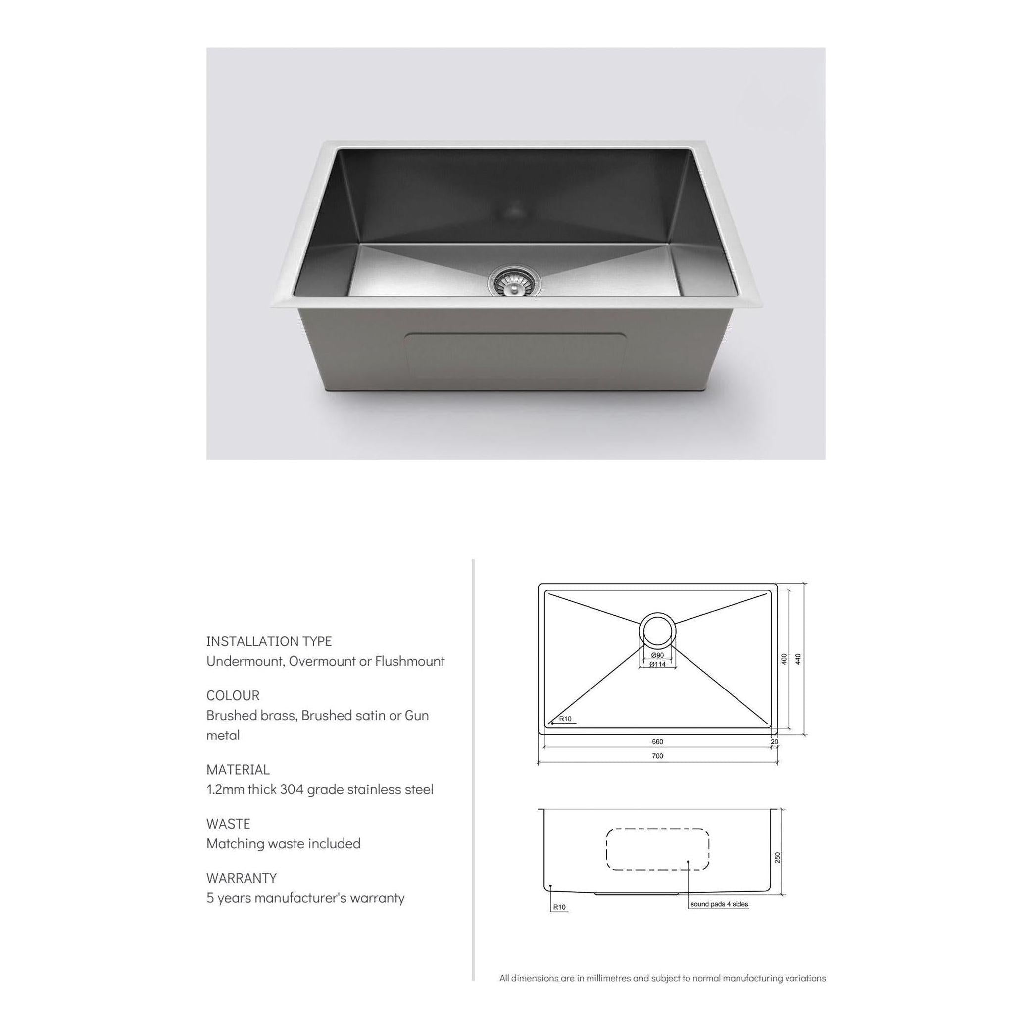 Henley Single Bowl Sink Basin 700 x 440 x 250 - Stainless Steel Brushed Satin