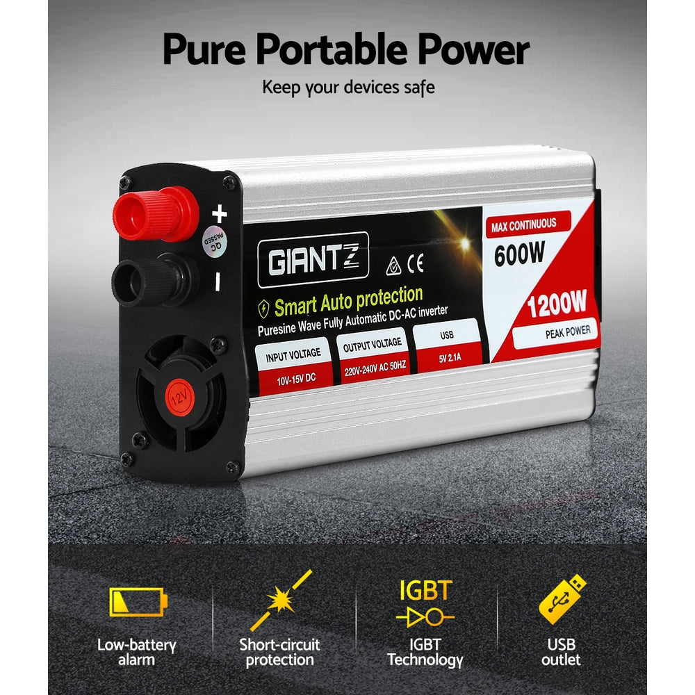 Giantz Power Inverter 600W/1200W 12V to 240V Pure Sine Wave
