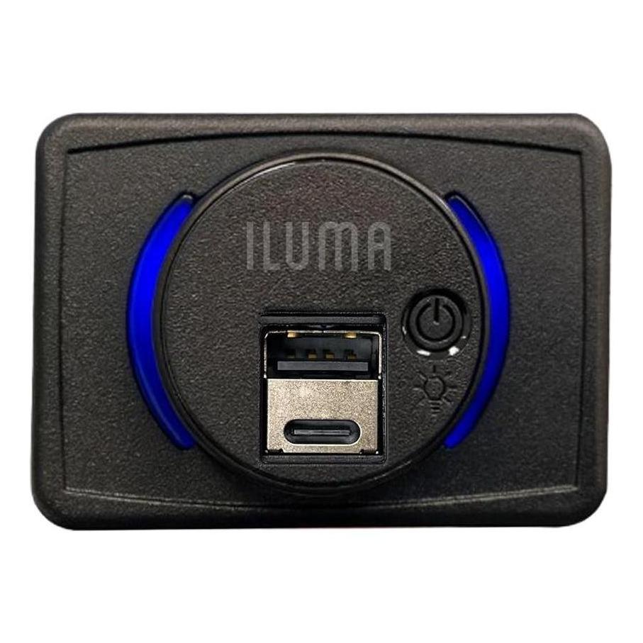 Iluma 12V/24V USB/USB-C Flush Mount Power Socket inc On/Off Light Switch 63x47mm Black