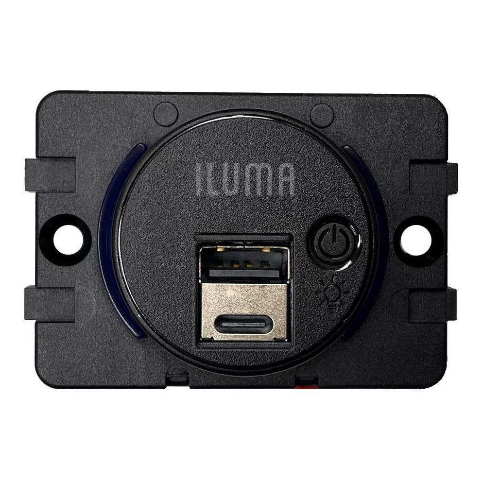 Iluma 12V/24V USB/USB-C Flush Mount Power Socket inc On/Off Light Switch 63x47mm Black